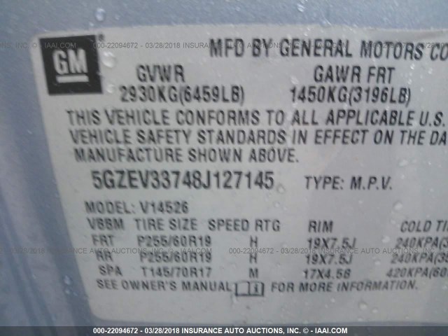 5GZEV33748J127145 - 2008 SATURN OUTLOOK XR/TOURING 浅蓝色 照片 9