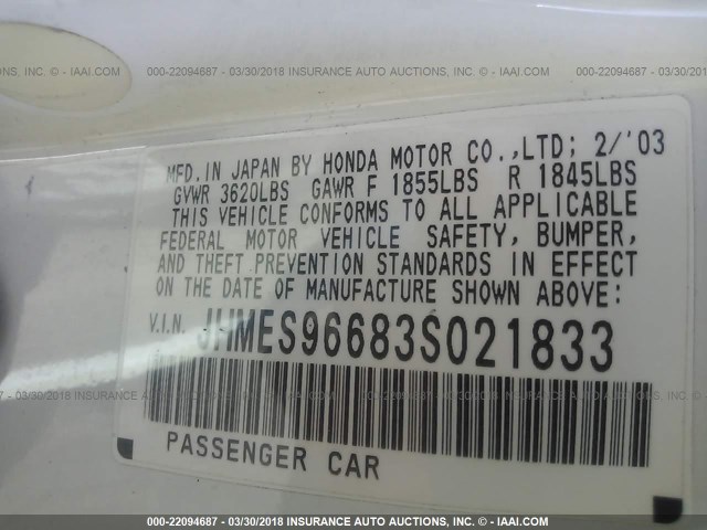 JHMES96683S021833 - 2003 HONDA CIVIC HYBRID WHITE photo 9