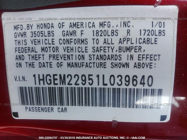 1HGEM22951L039640 - 2001 HONDA CIVIC SI/EX RED photo 9