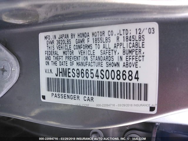 JHMES96654S008684 - 2004 HONDA CIVIC HYBRID SILVER photo 9