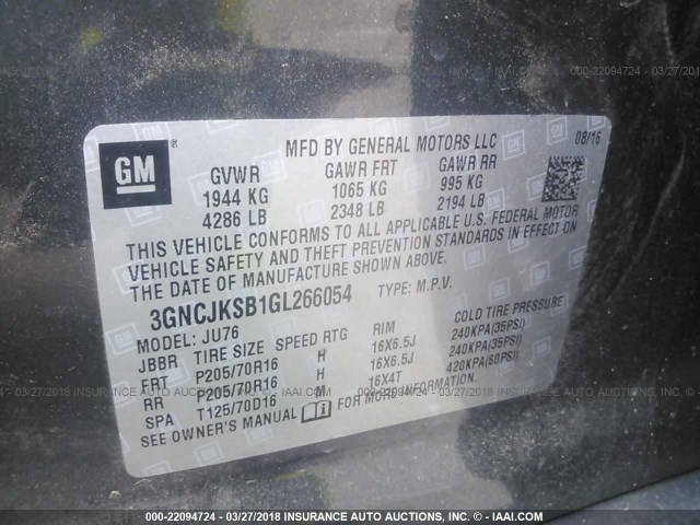 3GNCJKSB1GL266054 - 2016 CHEVROLET TRAX LS GRAY photo 9