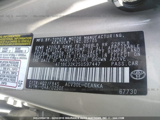 4T1BE32K25U597447 - 2005 TOYOTA CAMRY LE/XLE/SE Champagne photo 9