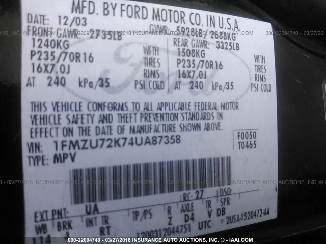 1FMZU72K74UA87358 - 2004 FORD EXPLORER XLS/XLS SPORT BLACK photo 9