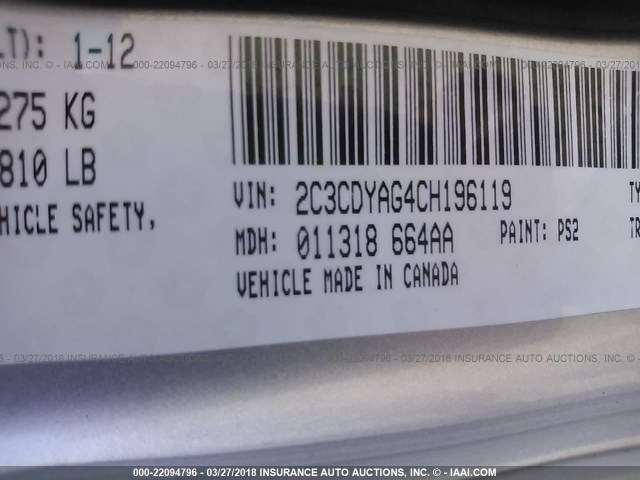 2C3CDYAG4CH196119 - 2012 DODGE CHALLENGER SXT SILVER photo 9