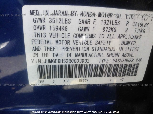 JHMGE8H52BC003982 - 2011 HONDA FIT SPORT BLUE photo 9