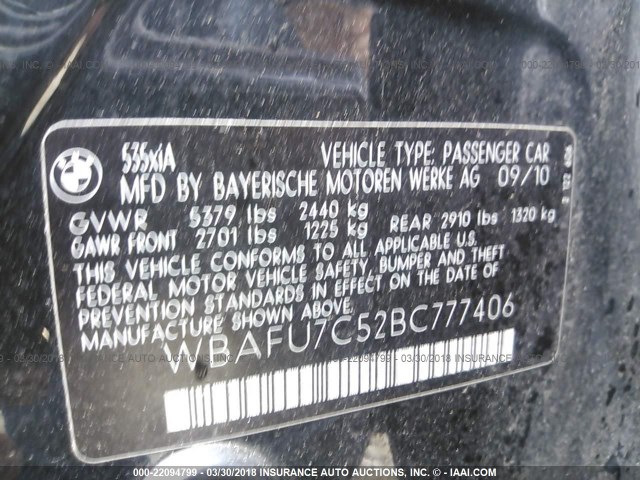 WBAFU7C52BC777406 - 2011 BMW 535 XI BLACK photo 9