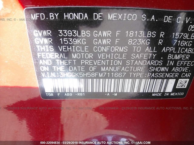 3HGGK5H58FM711667 - 2015 HONDA FIT LX RED photo 9