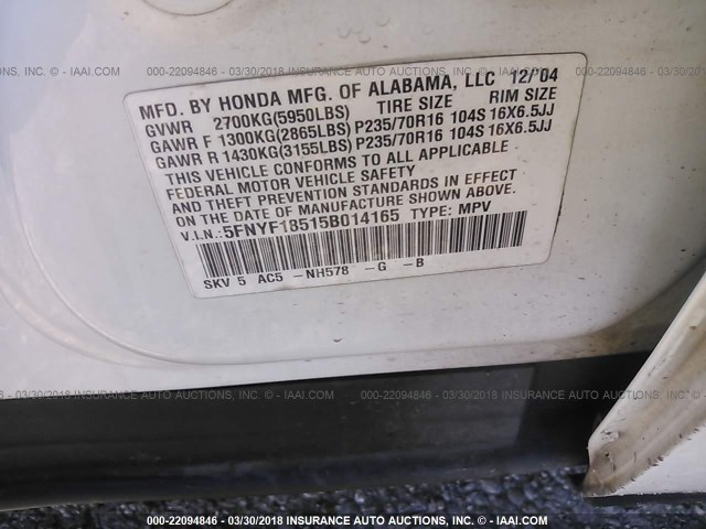 5FNYF18515B014165 - 2005 HONDA PILOT EXL WHITE photo 9