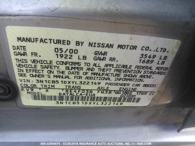 3N1CB51DXYL322149 - 2000 NISSAN SENTRA XE/GXE SILVER photo 9