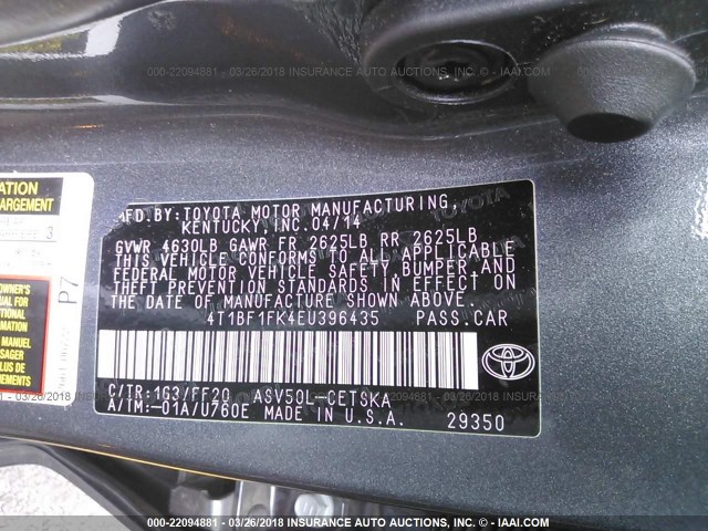 4T1BF1FK4EU396435 - 2014 TOYOTA CAMRY L/SE/LE/XLE 灰色 照片 9