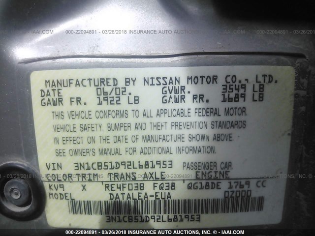 3N1CB51D92L681953 - 2002 NISSAN SENTRA XE/GXE TAN photo 9