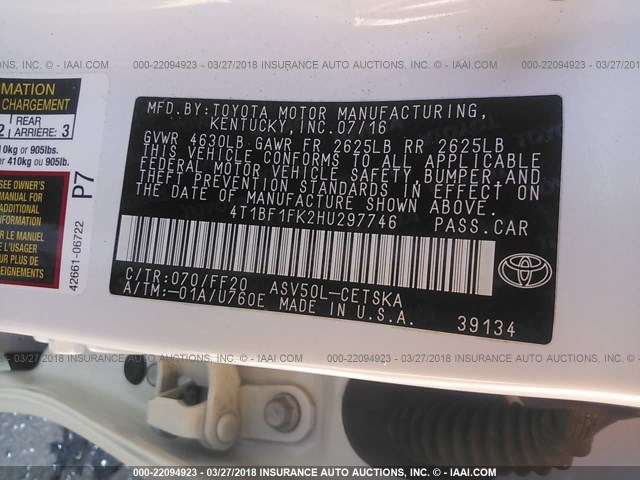 4T1BF1FK2HU297746 - 2017 TOYOTA CAMRY LE/XLE/SE/XSE WHITE photo 9