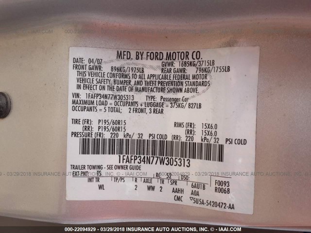 1FAFP34N77W305313 - 2007 FORD FOCUS ZX4/S/SE/SES SILVER photo 9