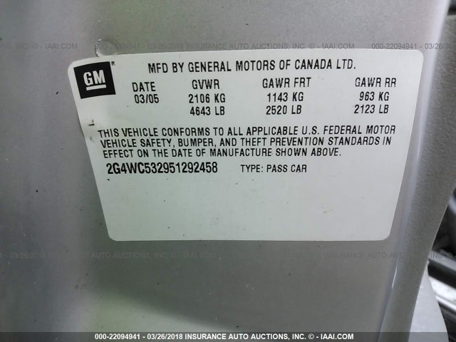 2G4WC532951292458 - 2005 BUICK LACROSSE CX SILVER photo 9