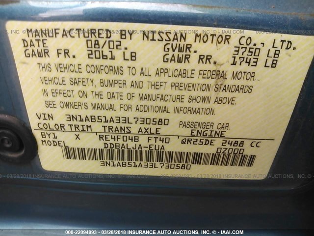 3N1AB51A33L730580 - 2003 NISSAN SENTRA SE-R LIMITED BLUE photo 9