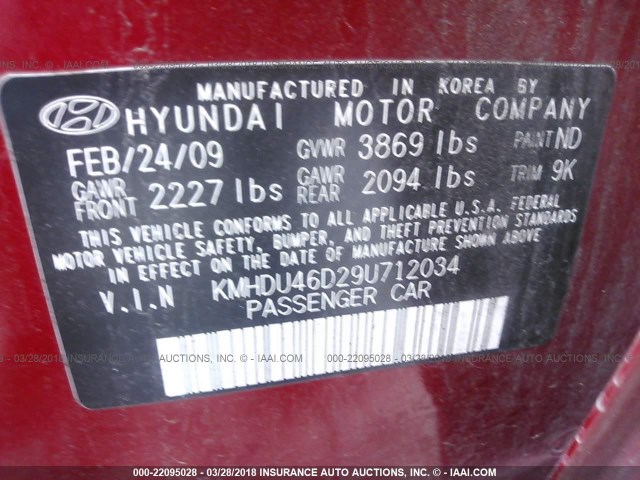 KMHDU46D29U712034 - 2009 HYUNDAI ELANTRA GLS/SE RED photo 9