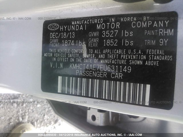 KMHCT4AE7EU631149 - 2014 HYUNDAI ACCENT GLS/GS SILVER photo 9