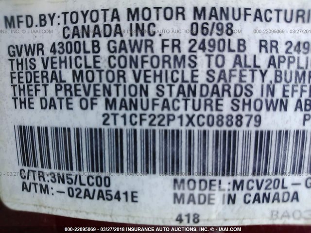 2T1CF22P1XC088879 - 1999 TOYOTA CAMRY SOLARA SE/SLE RED photo 9