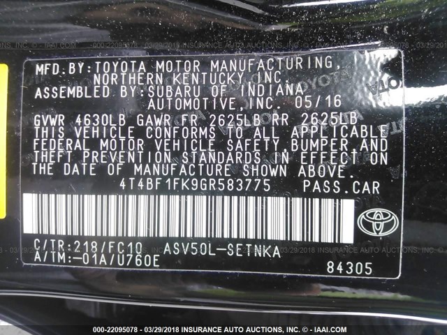 4T4BF1FK9GR583775 - 2016 TOYOTA CAMRY LE/XLE/SE/XSE 黑色 照片 9