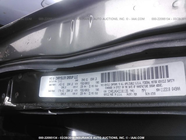 1C4RDJAG4CC181135 - 2012 DODGE DURANGO SXT GRAY photo 9