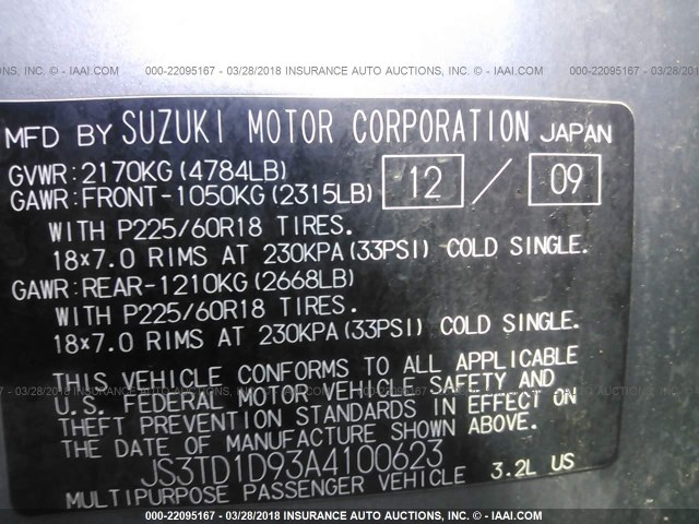 JS3TD1D93A4100623 - 2010 SUZUKI GRAND VITARA JLX GRAY photo 9