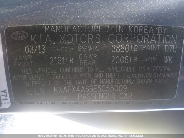 KNAFX4A66E5055009 - 2014 KIA FORTE LX GRAY photo 9