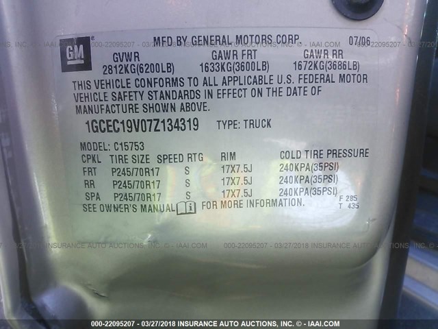 1GCEC19V07Z134319 - 2007 CHEVROLET SILVERADO C1500 CLASSIC GOLD photo 9