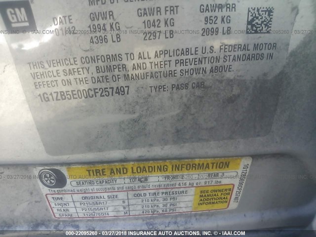 1G1ZB5E00CF257497 - 2012 CHEVROLET MALIBU LS GRAY photo 9