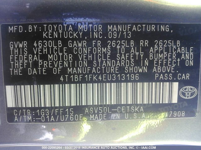 4T1BF1FK4EU313196 - 2014 TOYOTA CAMRY L/SE/LE/XLE 灰色 照片 9