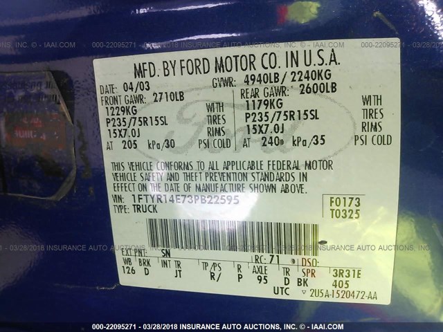 1FTYR14E73PB22595 - 2003 FORD RANGER SUPER CAB BLUE photo 9