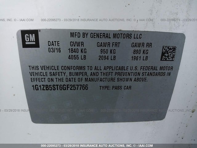 1G1ZB5ST6GF257766 - 2016 CHEVROLET MALIBU LS Ağ foto 9