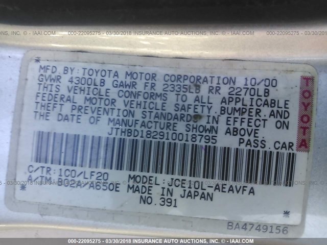 JTHBD182910018795 - 2001 LEXUS IS 300 SILVER photo 9