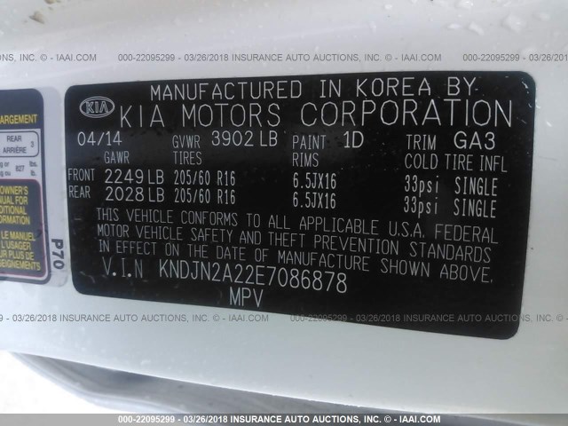 KNDJN2A22E7086878 - 2014 KIA SOUL WHITE photo 9