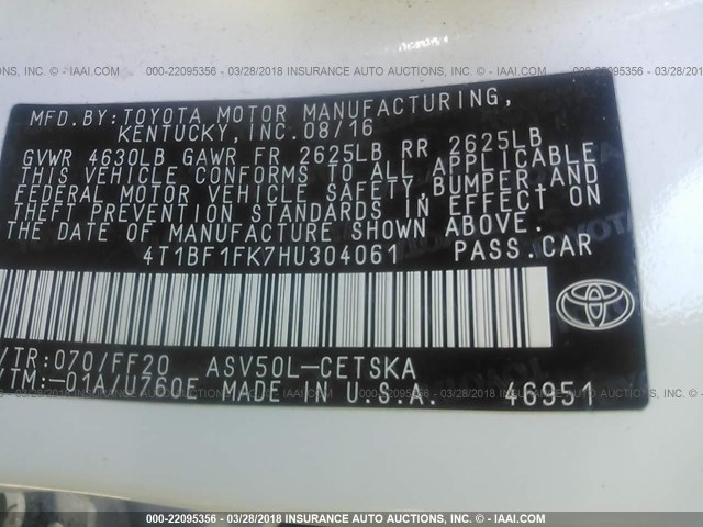 4T1BF1FK7HU304061 - 2017 TOYOTA CAMRY LE/XLE/SE/XSE WHITE photo 9