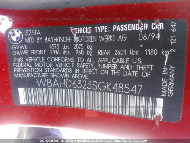 WBAHD6323SGK48547 - 1995 BMW 525 I AUTOMATIC RED photo 9