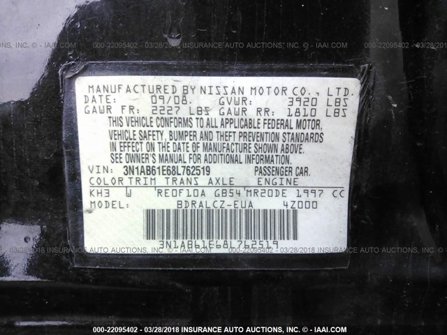 3N1AB61E68L762519 - 2008 NISSAN SENTRA 2.0/2.0S/2.0SL BLACK photo 9