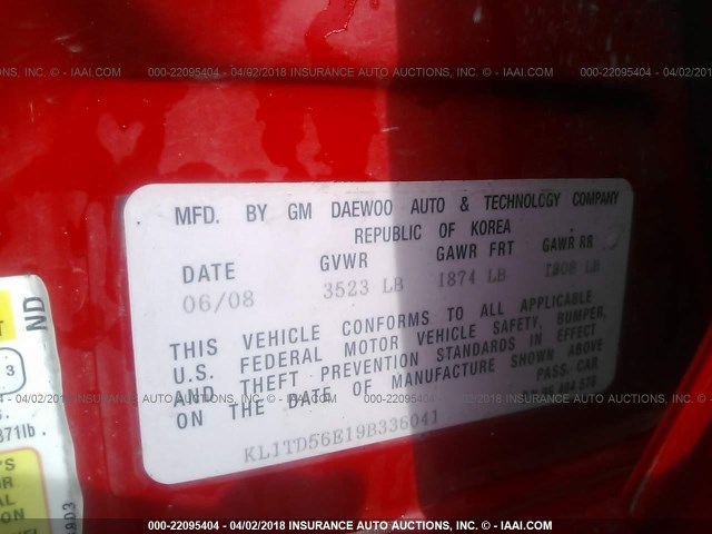 KL1TD56E19B336041 - 2009 CHEVROLET AVEO LS/LT RED photo 9