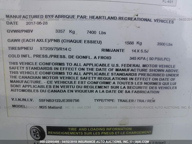 5SFNB3122JE359756 - 2018 HEARTLAND MALLARD  白色 照片 9