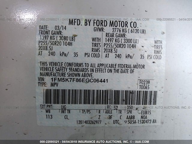 1FM5K7F86EGC06441 - 2014 FORD EXPLORER LIMITED WHITE photo 9