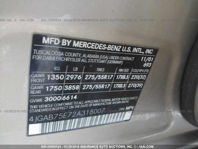 4JGAB75E72A318007 - 2002 MERCEDES-BENZ ML 500 GOLD photo 9