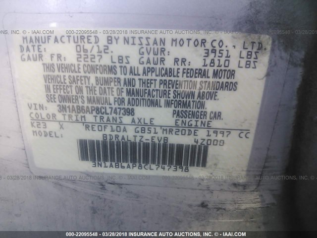 3N1AB6AP8CL747398 - 2012 NISSAN SENTRA 2.0/2.0S/SR/2.0SL SILVER photo 9