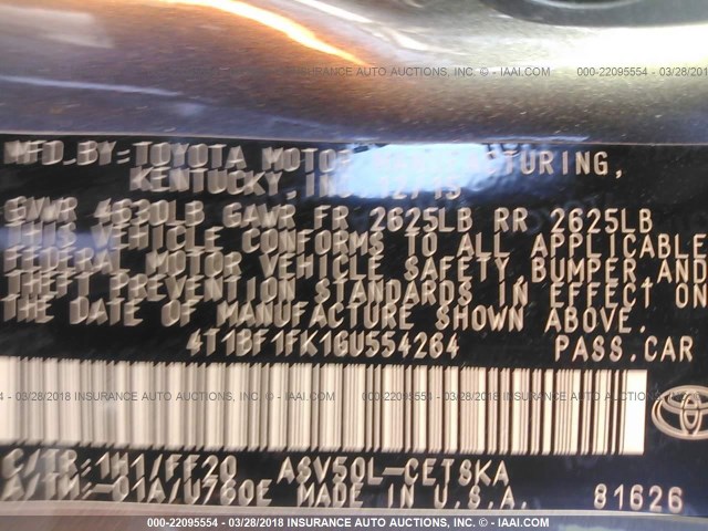 4T1BF1FK1GU554264 - 2016 TOYOTA CAMRY LE/XLE/SE/XSE ნაცრისფერი ფოტო 9