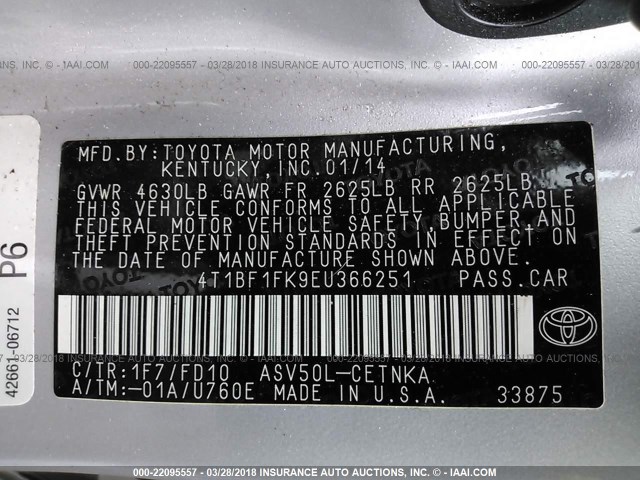 4T1BF1FK9EU366251 - 2014 TOYOTA CAMRY L/SE/LE/XLE 银色 照片 9