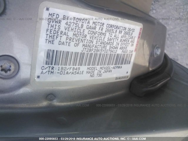 JT2BF28K5Y0279412 - 2000 TOYOTA CAMRY LE/XLE GRAY photo 9