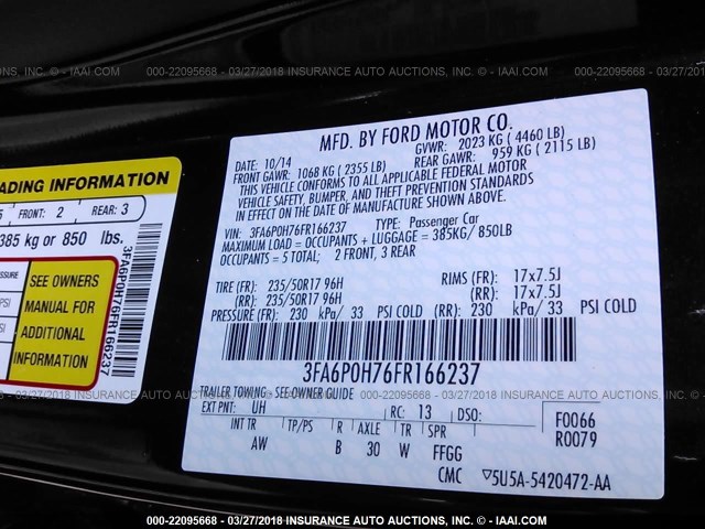 3FA6P0H76FR166237 - 2015 FORD FUSION SE BLACK photo 9