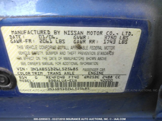 3N1AB51D26L525685 - 2006 NISSAN SENTRA SE-R SPEC V BLUE photo 9