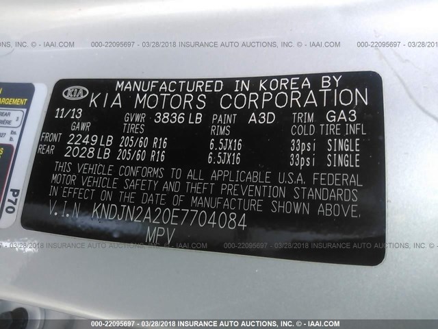 KNDJN2A20E7704084 - 2014 KIA SOUL SILVER photo 9