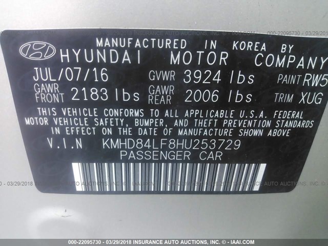 KMHD84LF8HU253729 - 2017 HYUNDAI ELANTRA SE/VALUE/LIMITED BEIGE photo 9