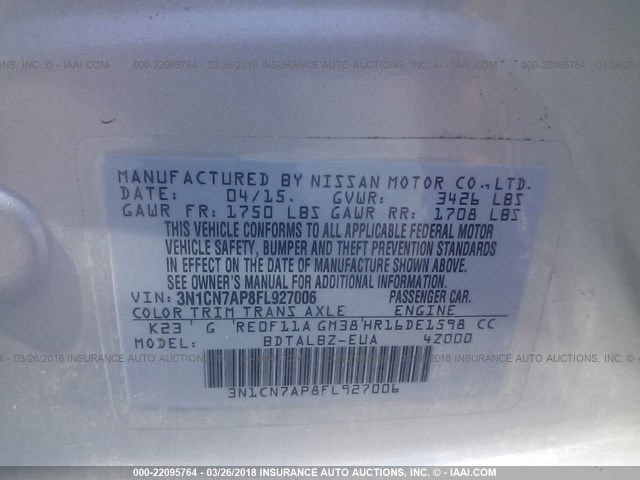 3N1CN7AP8FL927006 - 2015 NISSAN VERSA S/S PLUS/SV/SL SILVER photo 9