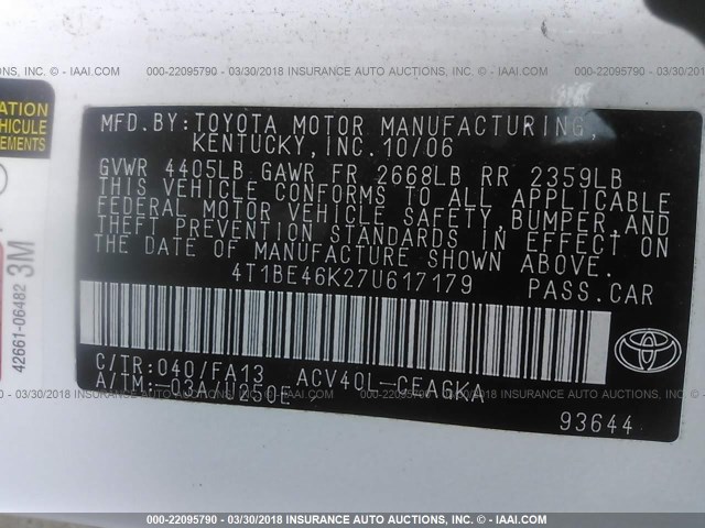 4T1BE46K27U617179 - 2007 TOYOTA CAMRY NEW GENERAT CE/LE/XLE/SE WHITE photo 9